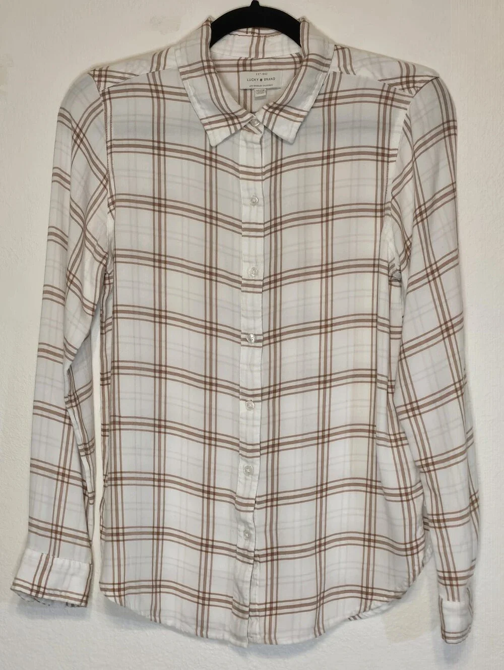Lucky Brand Plaid Button Down Flannel Shirt Cream Brown XS - Picture 1 of 6